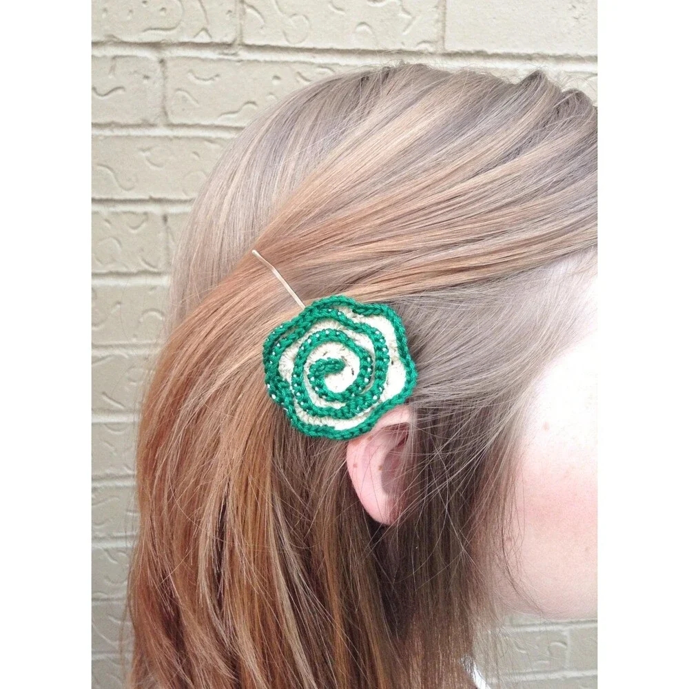 Rose Crochet Flower Pins ~ Set of 2 ~ Green and Purple ~ Ready to ship